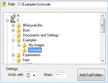 Select the folder containing Unicode filenames